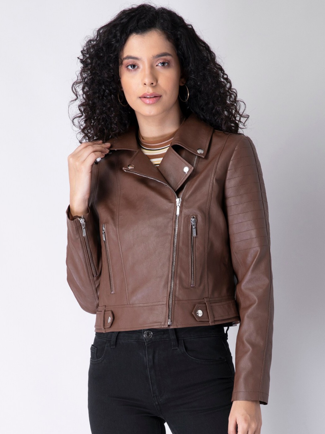 

FabAlley Women Brown Crop Biker Jacket