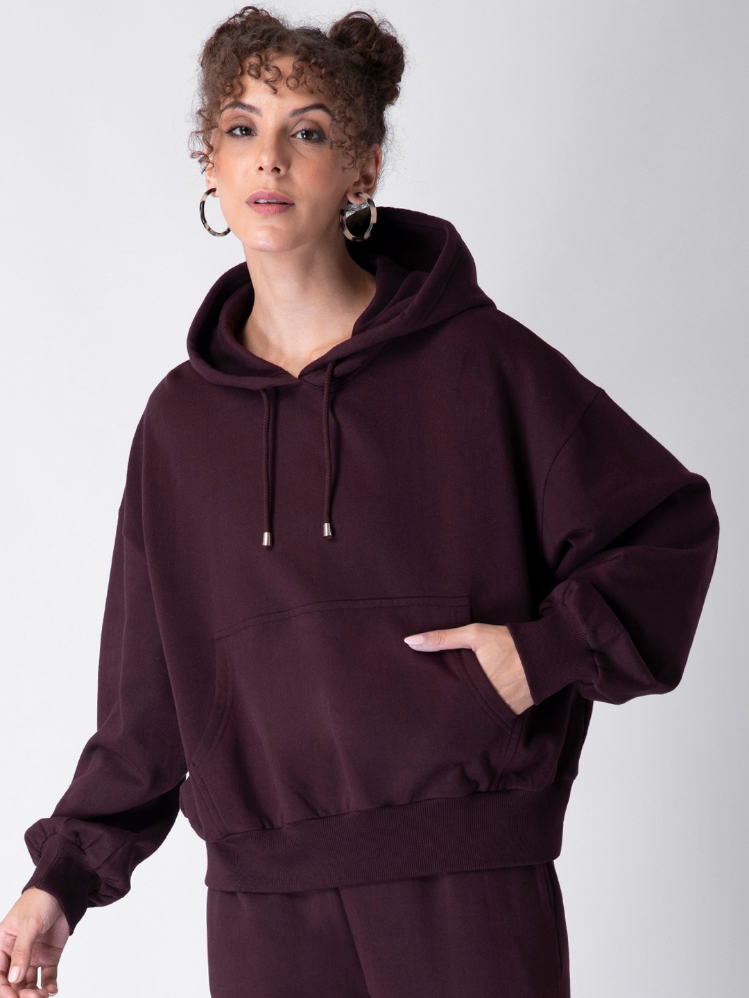 

FabAlley Women Maroon Solid Fleece Hooded Sweatshirt