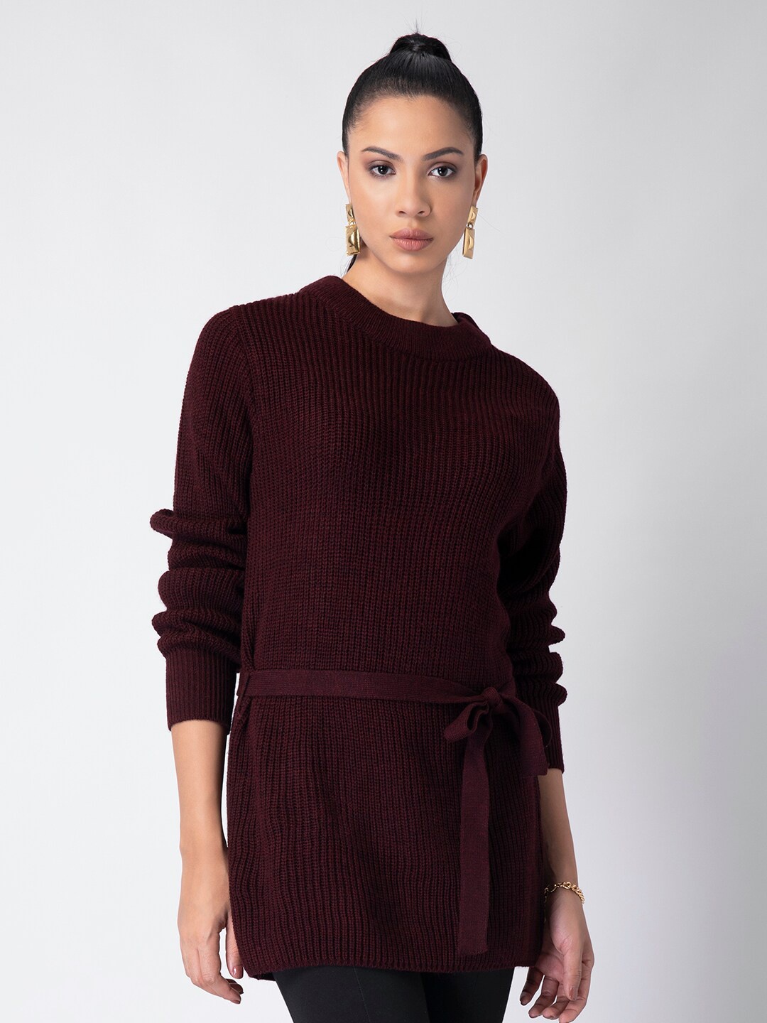 

FabAlley Women Maroon Longline Belted Pullover