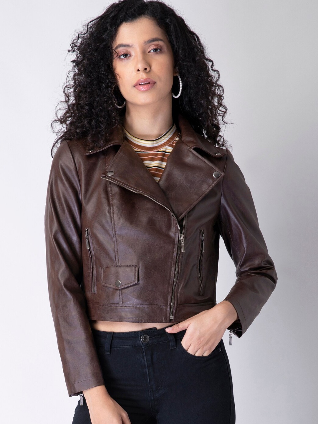 

FabAlley Women Brown Crop Biker Jacket