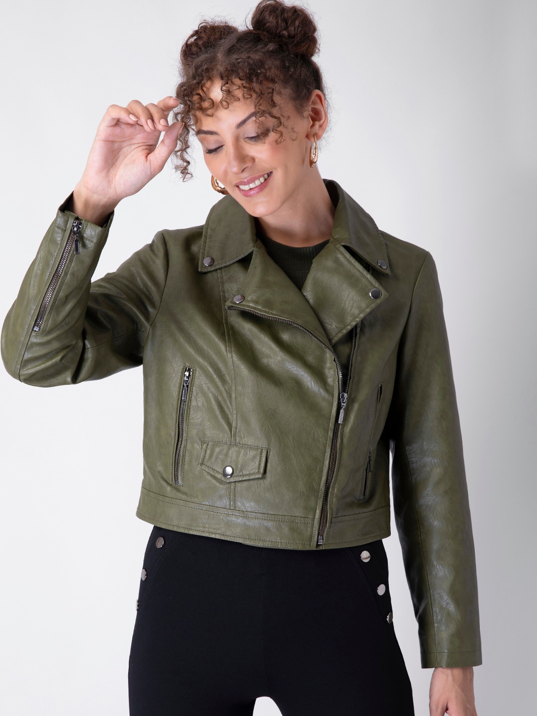 

FabAlley Women Green Crop Biker Jacket