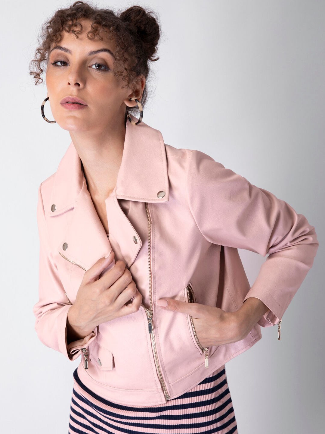 

FabAlley Women Pink Crop Biker Jacket