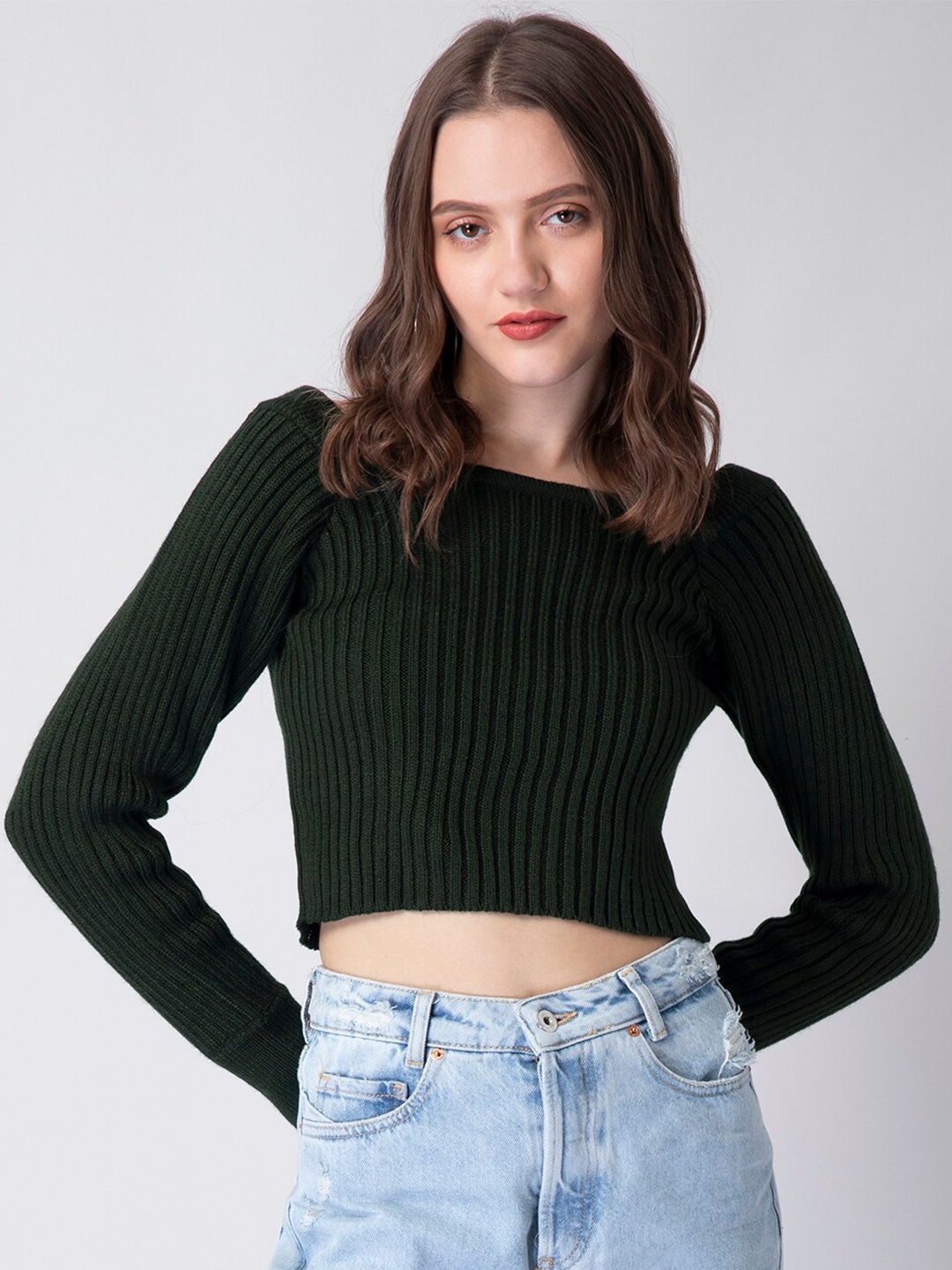 

FabAlley Women Green Ribbed Crop Pullover