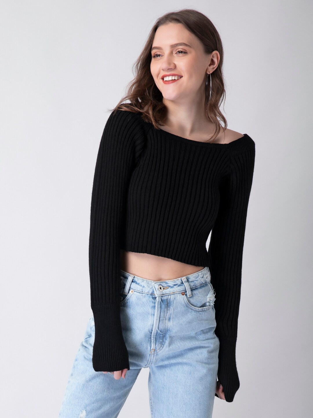 

FabAlley Women Black Ribbed Crop Pullover Sweater