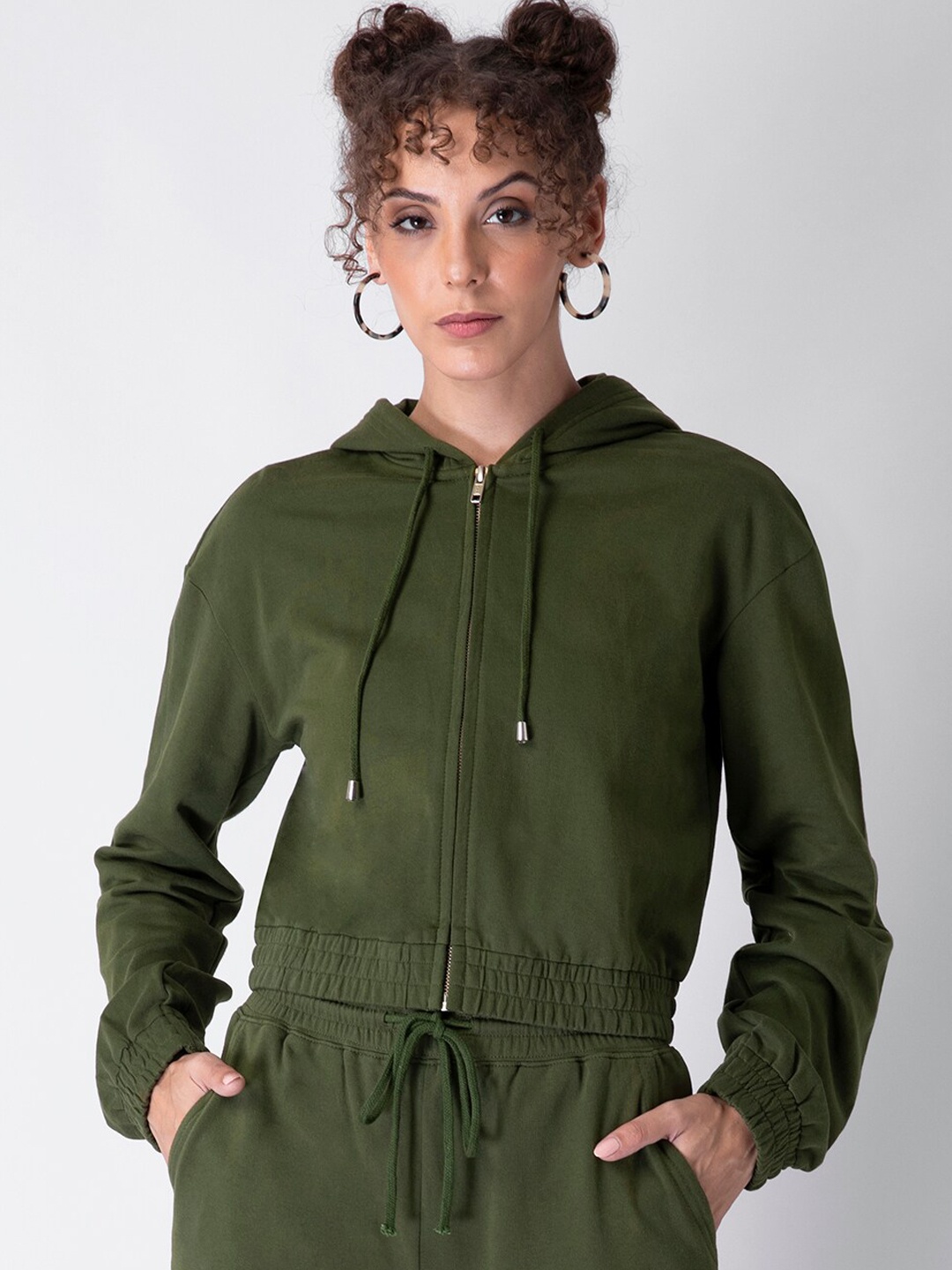 

FabAlley Women Green Hooded Smocked Waist Straight Fit Hoodie