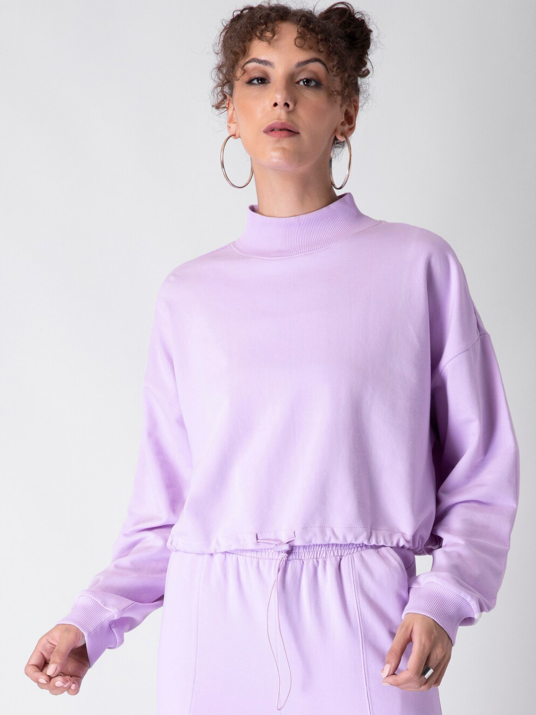 

FabAlley Women Purple Solid High Neck Fleece Cropped Sweatshirt