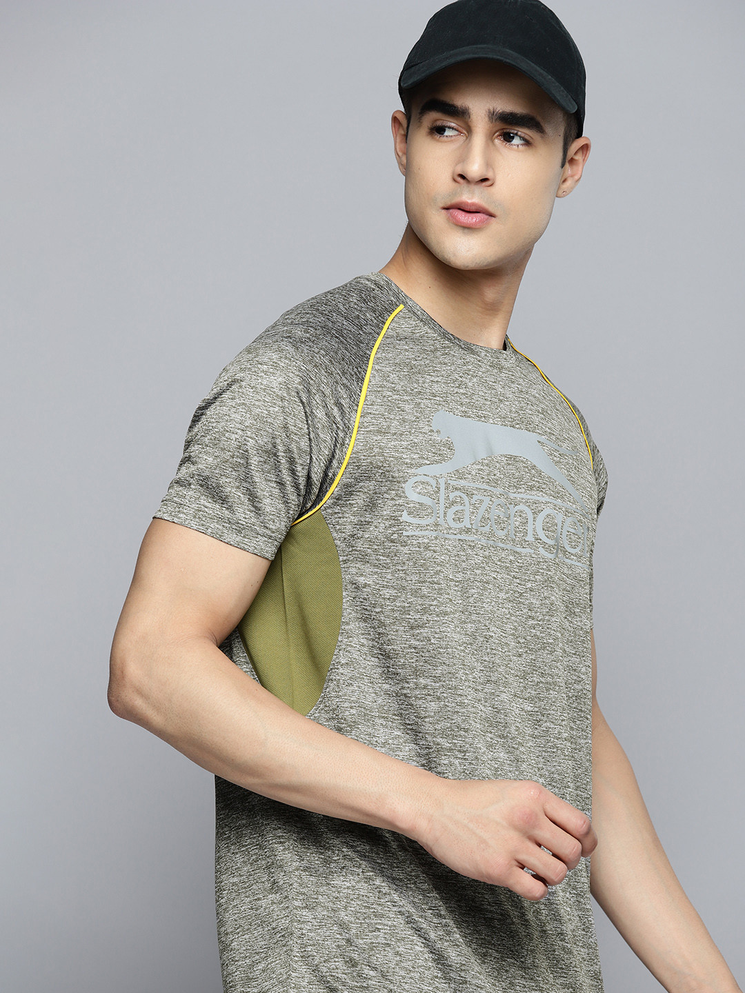 

Slazenger Men Brand Logo Printed T-shirt with Reflective Stripes, Grey melange
