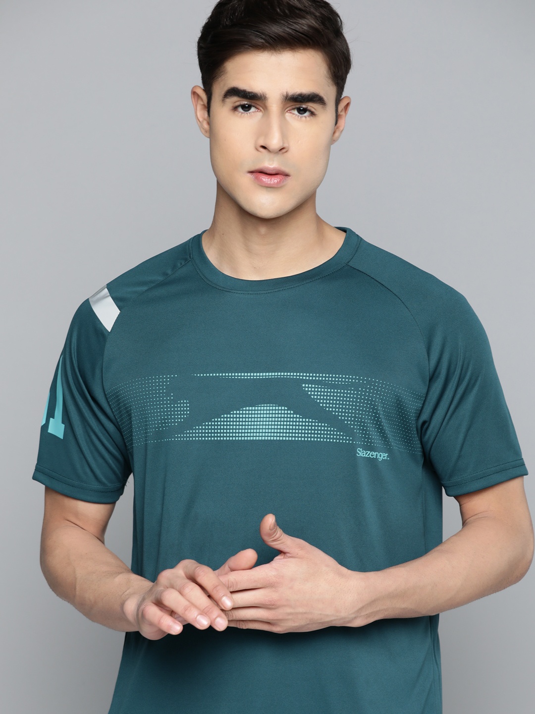 

Slazenger Brand Logo Printed Raglan Sleeves Running T-shirt, Teal