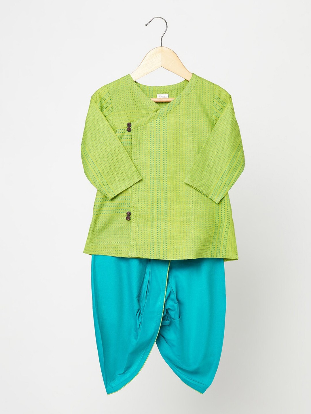 

Fabindia Boys Lime Green & Blue Angrakha Kantha Work Pure Cotton Kurti with Trousers