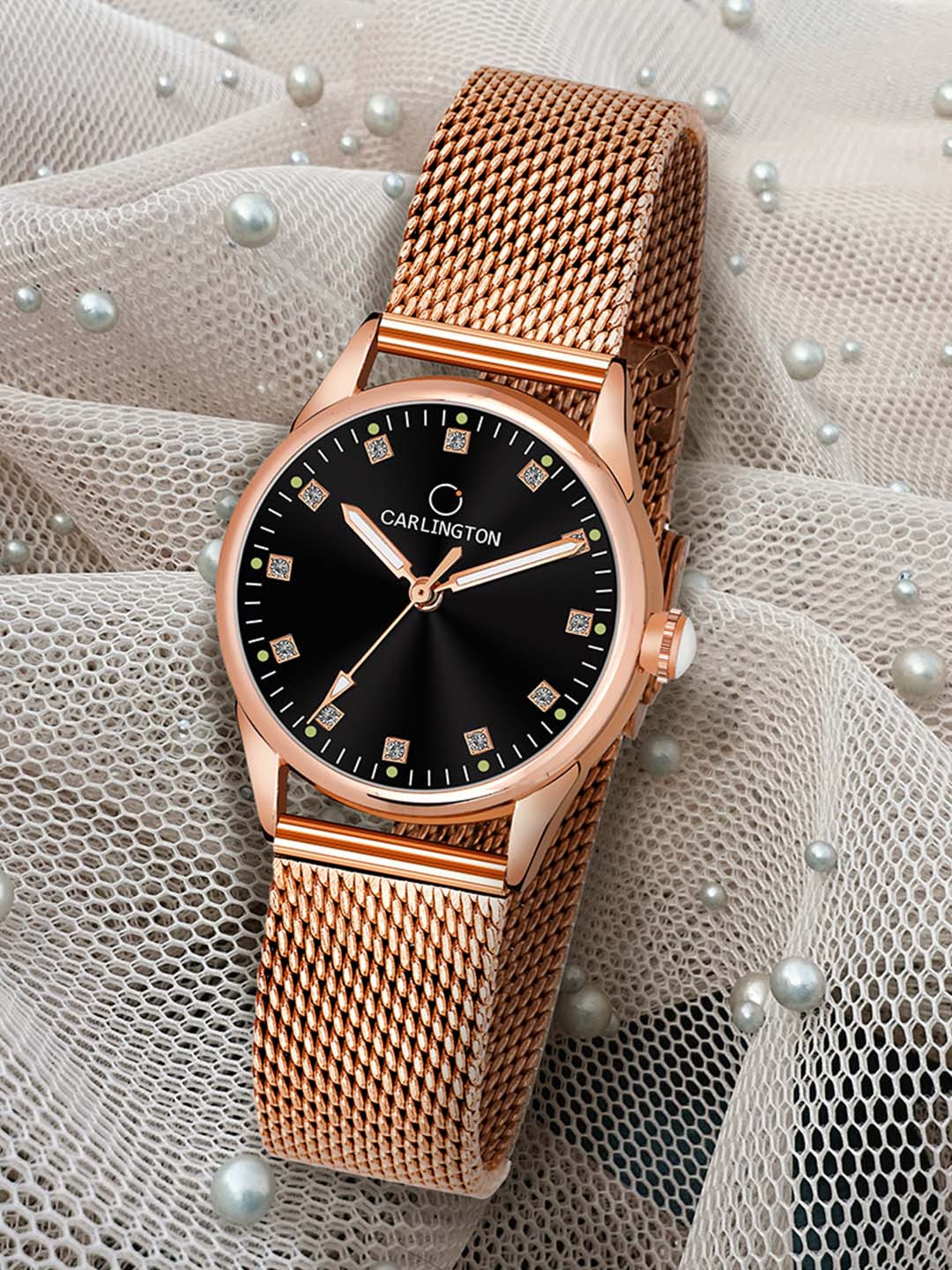 

CARLINGTON Women Black Embellished Dial & Rose Gold Toned Stainless Steel Bracelet Style Straps Analogue Watch
