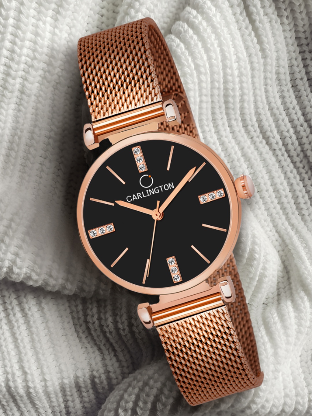 

CARLINGTON Women Black Embellished Bracelet Style Straps Analogue Watch Carlington CT2011, Rose gold