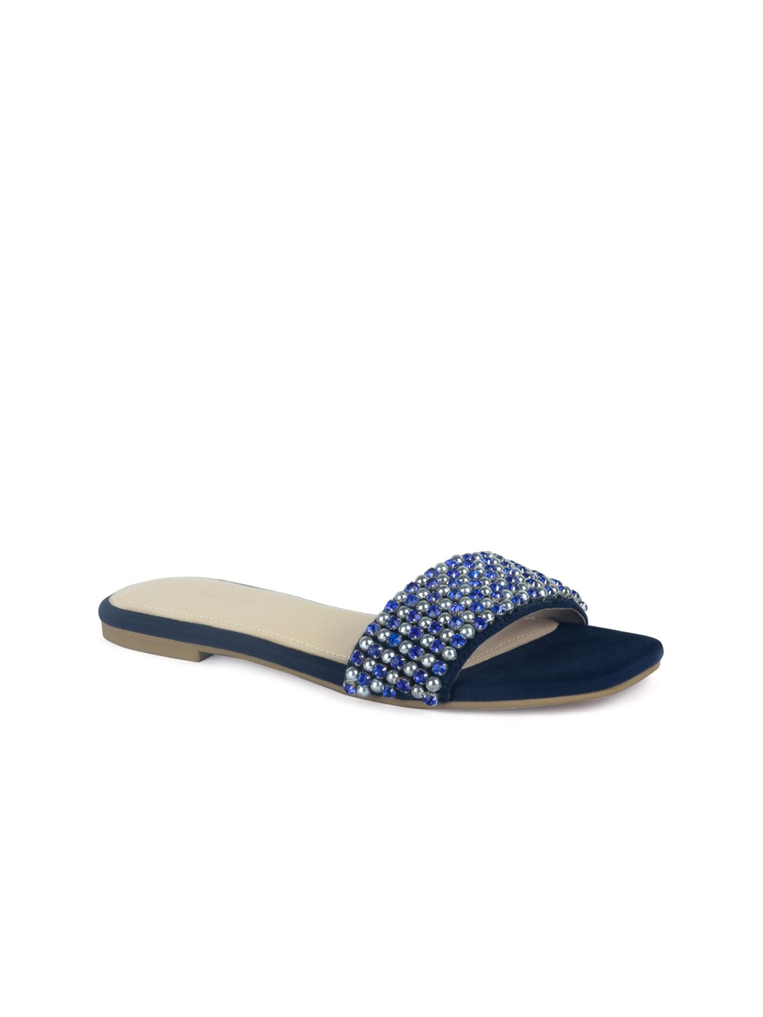 

London Rag Women Navy Blue & Grey Embellished Suede Open Toe Flats