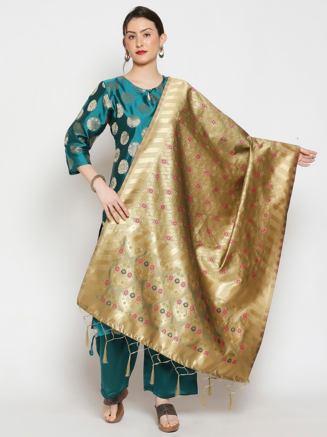 

Dupatta Bazaar Champagne & Pink Ethnic Motifs Woven Design Dupatta