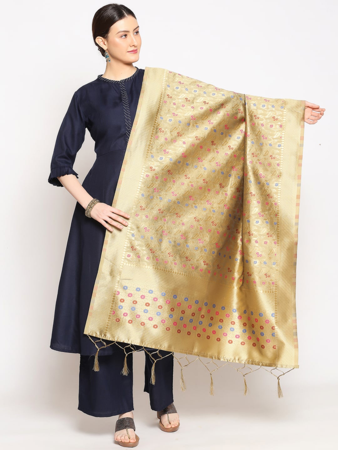 

Dupatta Bazaar Gold-Coloured & Pink Woven Design Banarasi Dupatta