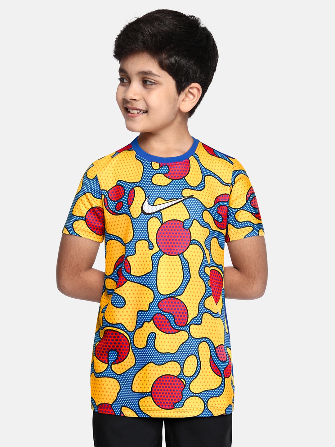 

Nike Kids Yellow & Blue DF GX2 TOP SS FP Geometric Printed T-shirt