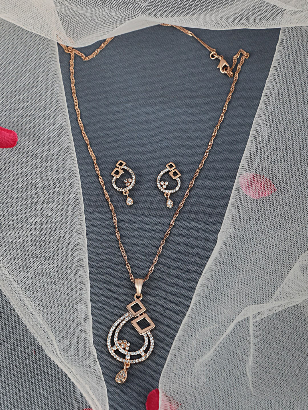

ZINU Rose Gold-Toned & White CZ-Studded Jewellery Set