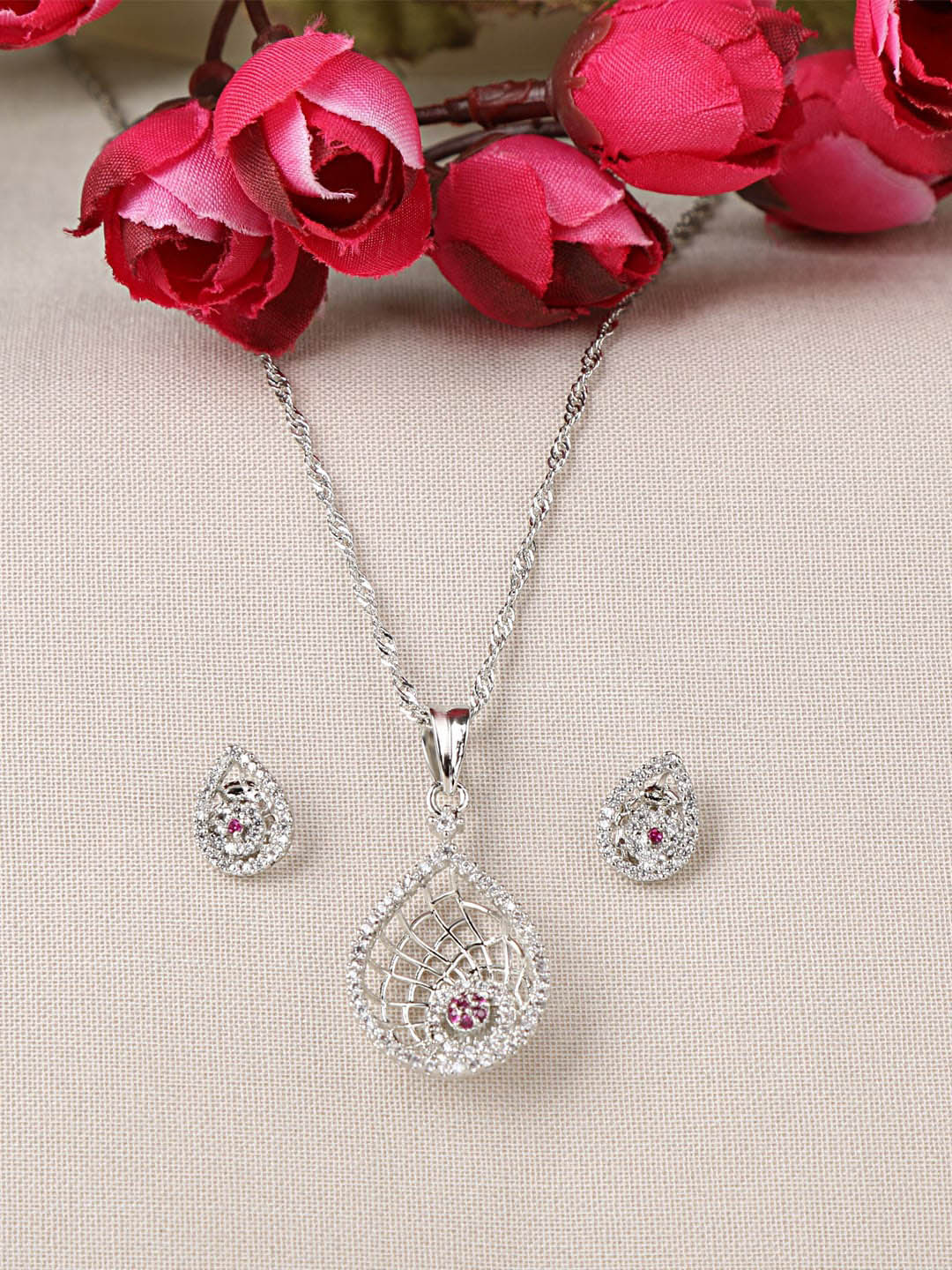 

ZINU Silver-Toned White CZ-Studded Jewellery Set