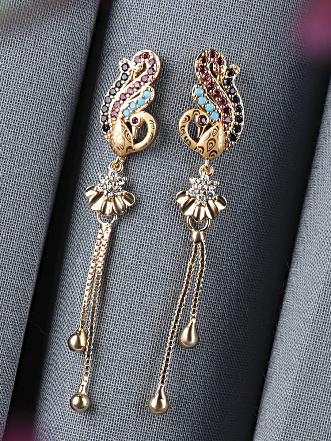 

ZINU Rose Gold Plated Peacock Shaped Tasselled Drop Earrings