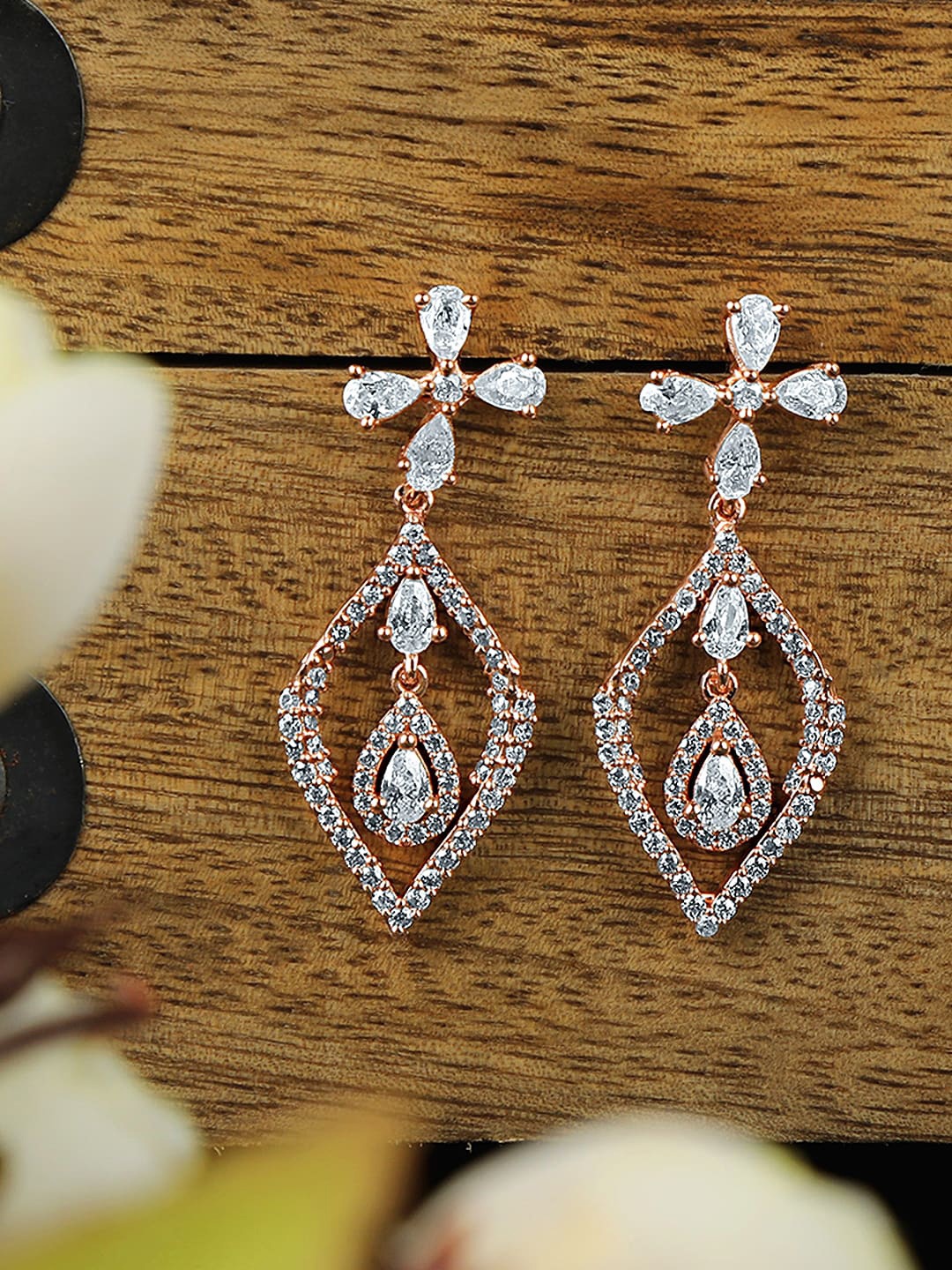 

ZINU Rose Gold Plated & White Contemporary Cubic Zirconia Drop Earrings