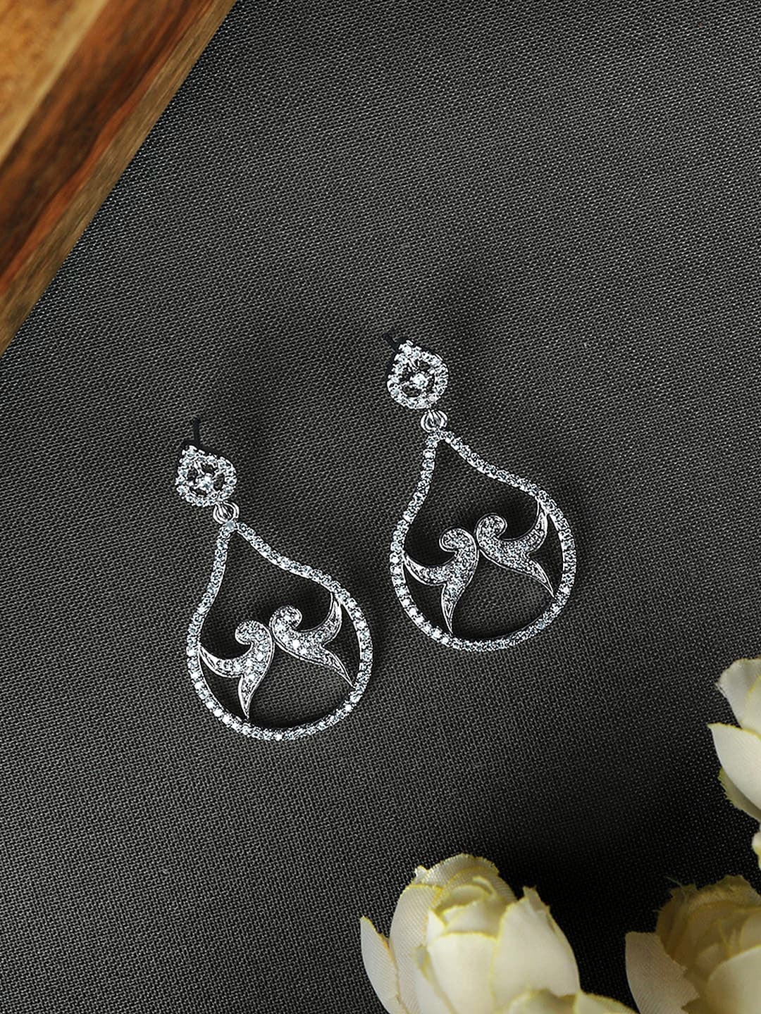 

ZINU Silver-Toned & White Contemporary Cubic Zirconia Drop Earrings