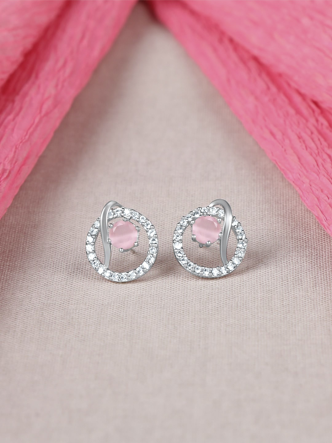 

ZINU Silver-Toned & Pink Circular Stoned Studs Earrings