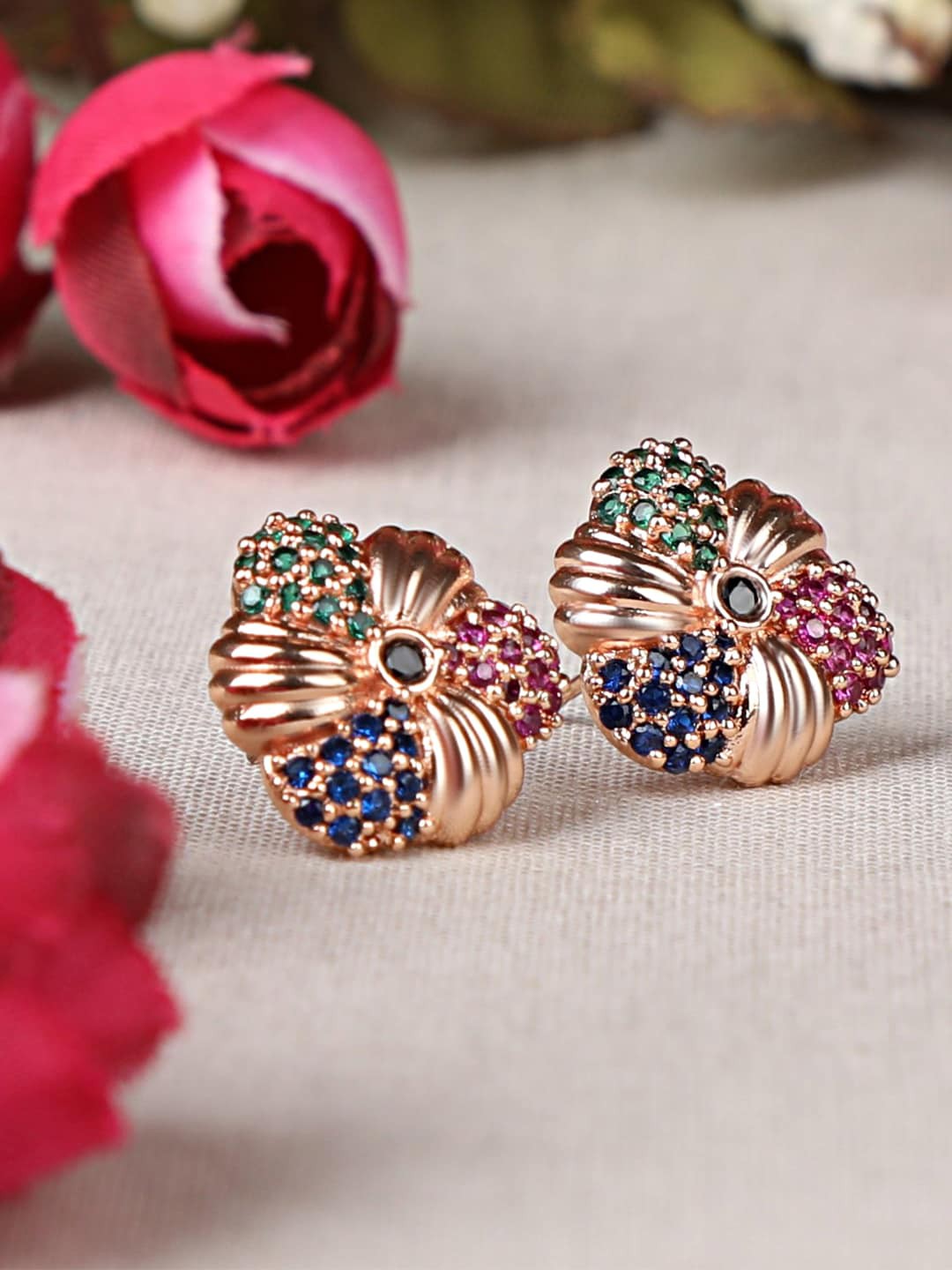 

ZINU Rose Gold Plated Pink & Blue Floral Cubic Zirconia Studs Earrings