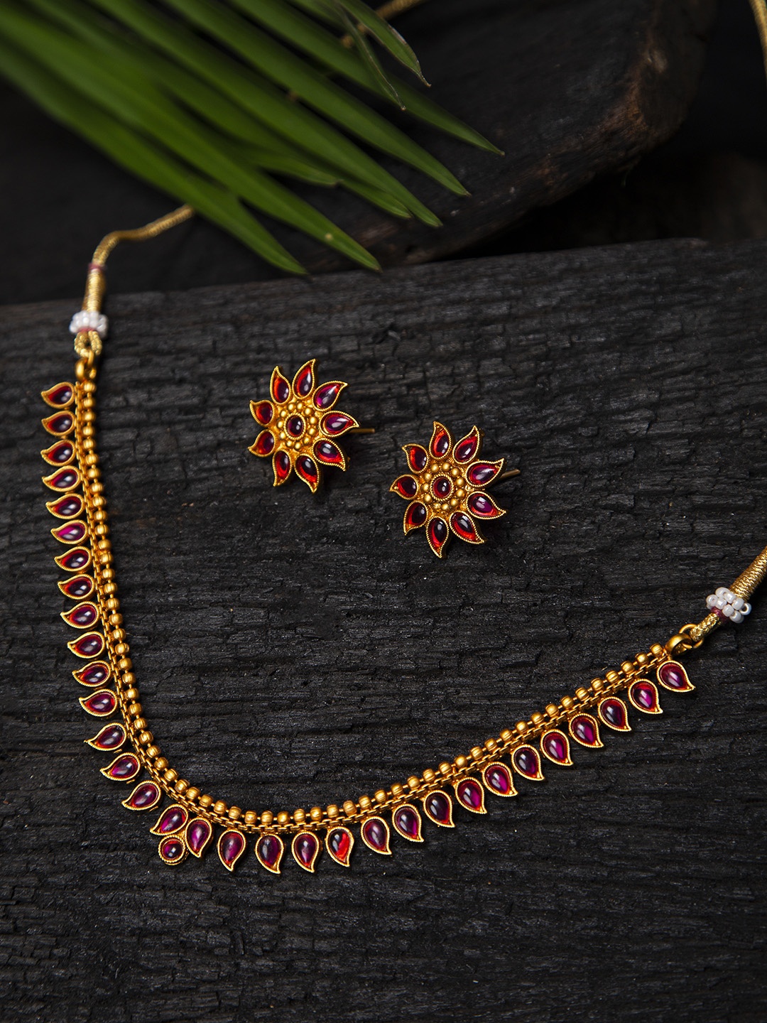 

Fabstreet Gold Plated Pink Stone Studded Matt Temple Jewellery Set