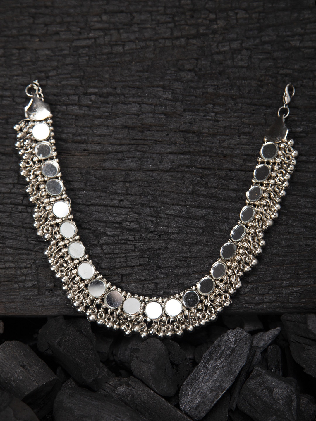

Fabstreet Silver-Plated Mirror Embellished Ghungroo Choker Necklace