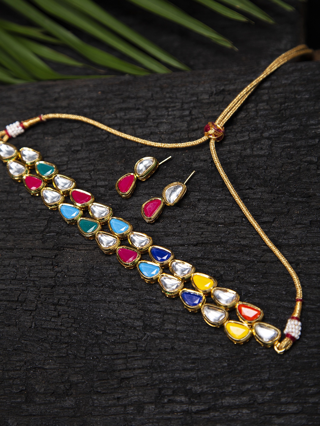 

Fabstreet Gold-Plated Red & White Kundan Stone Studded Jewellery Set