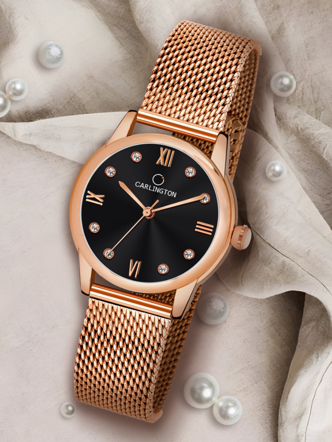 

CARLINGTON Women Black Dial & Rose Gold Toned Bracelet Style Straps Analogue Watch CT2005