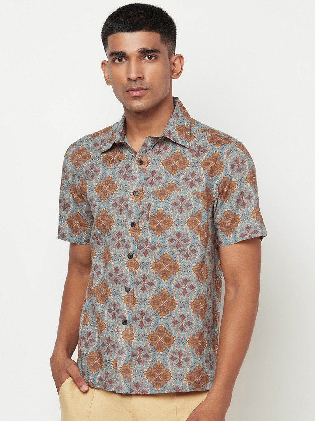 

Fabindia Men Blue Opaque Printed Casual Shirt