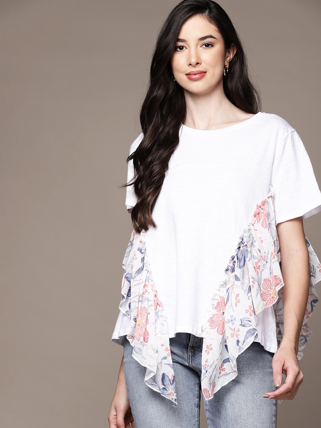 

URBANIC White Cotton Printed Ruffled Regular Top