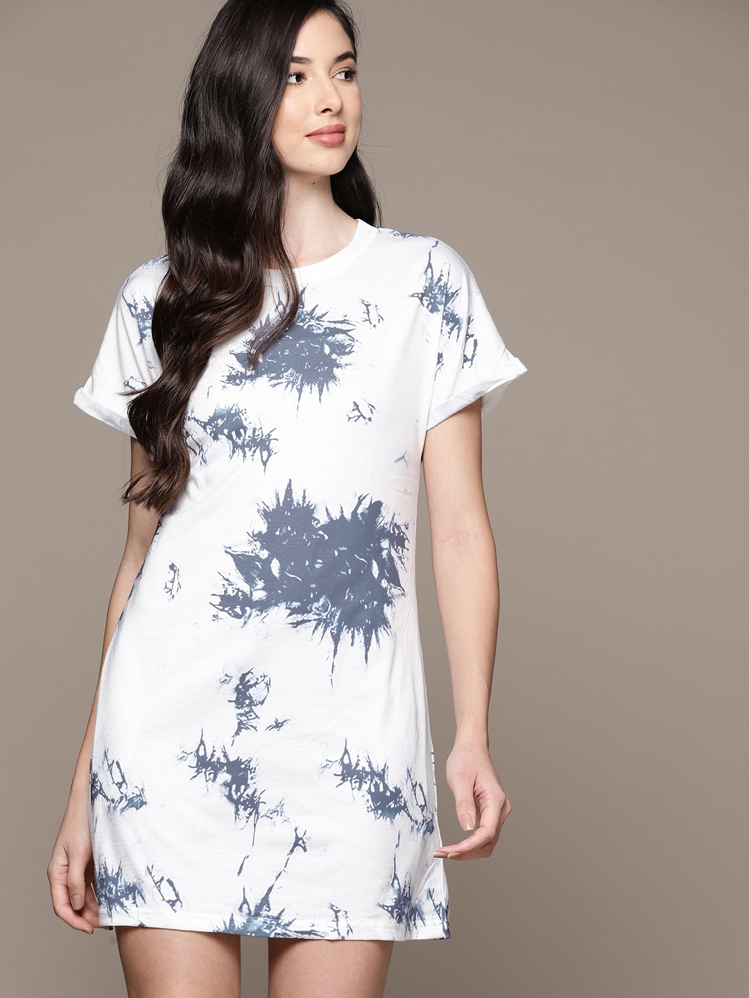 

URBANIC White & Grey Tie and Dye T-shirt Dress with Pockets