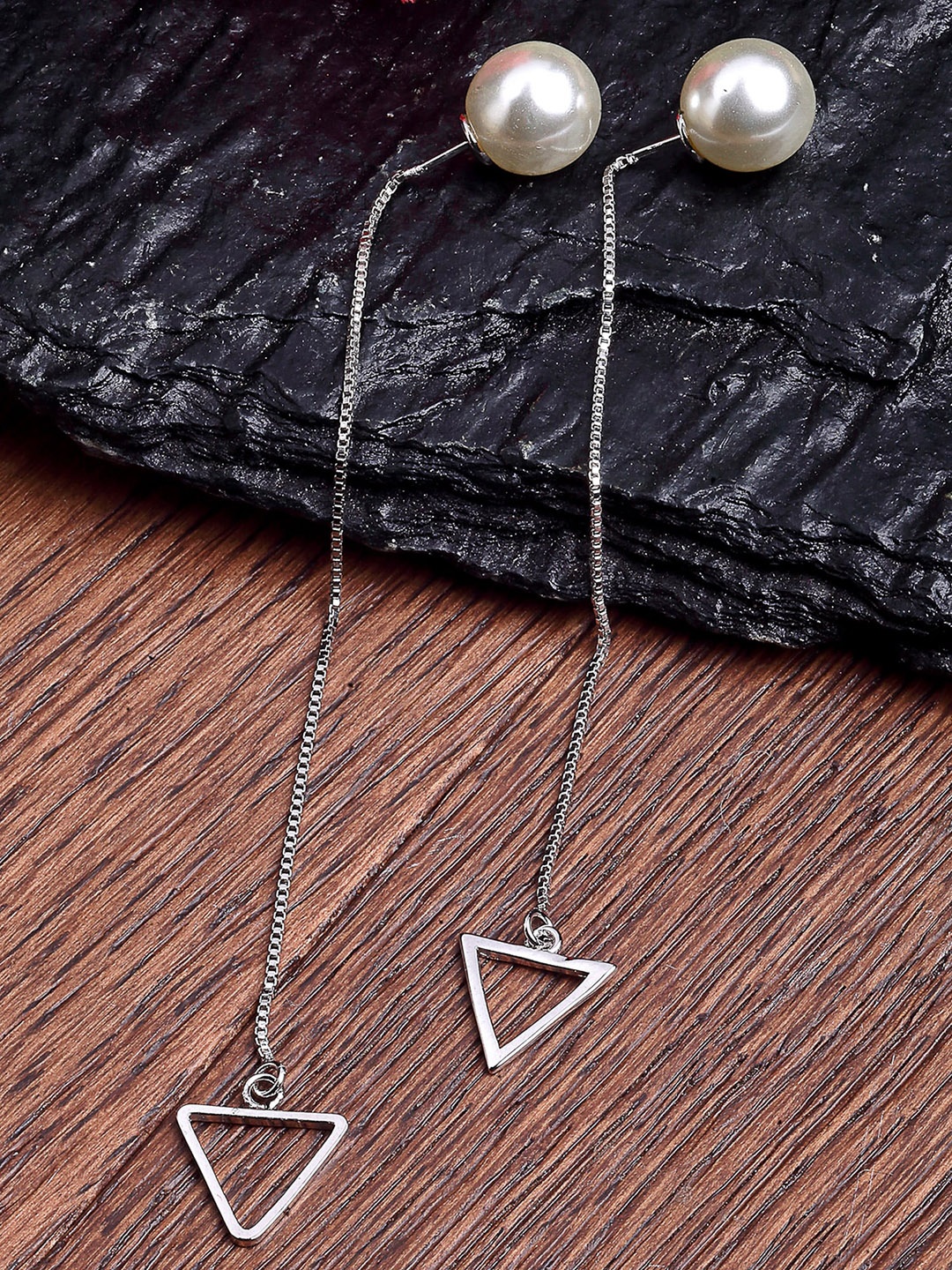

KARATCART Platinum-Plated Silver-Toned & White Triangular Drop Earrings