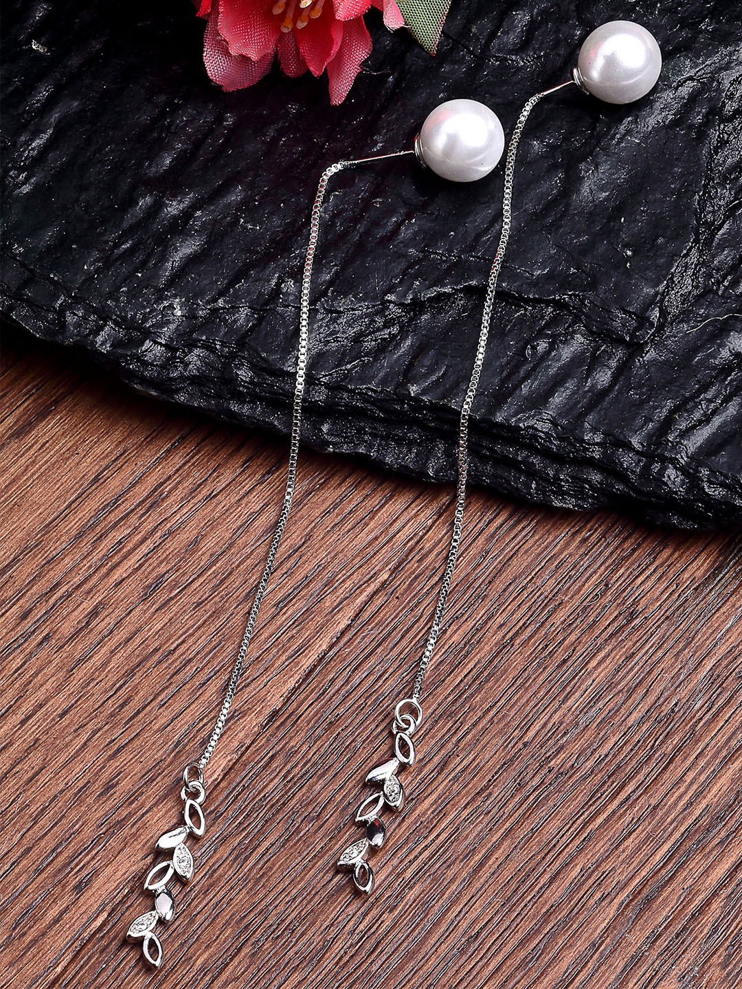 

KARATCART Silver-Toned & White Spherical Drop Earrings