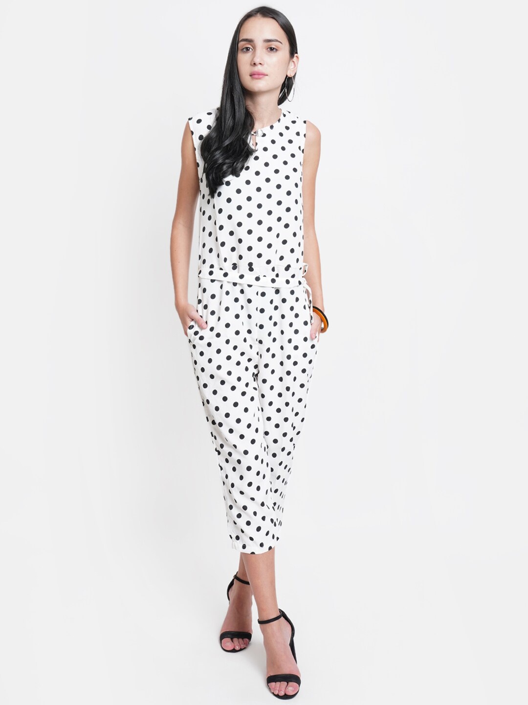 

WESTCLO White & Black Polka Dots Printed Capri Jumpsuit