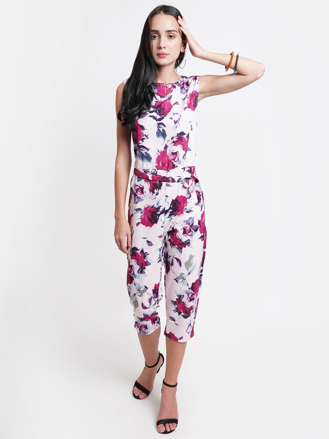 

WESTCLO Women White & Pink Floral Printed Capri Jumpsuit