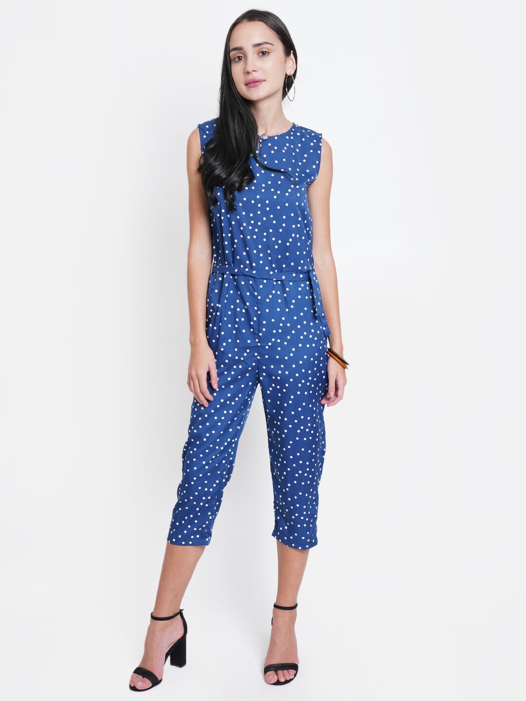 

WESTCLO Blue & White Polka Dots Printed Capri Jumpsuit