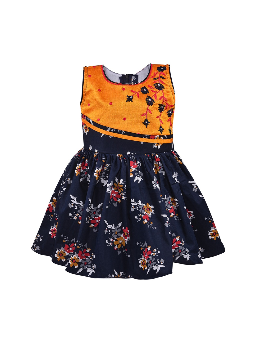 

Wish Karo Girls Navy Blue & Yellow Floral Cotton Dress