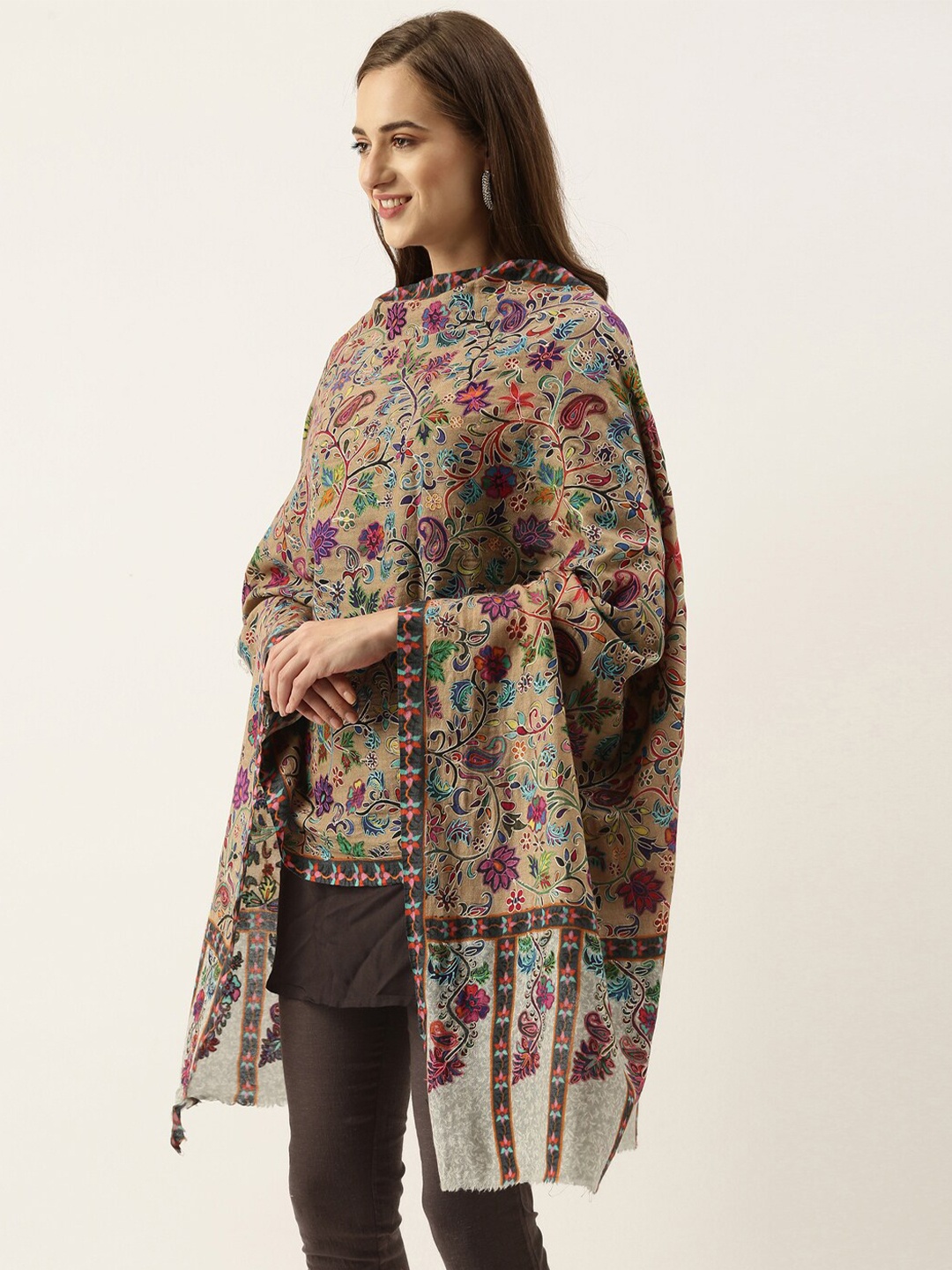 

Pashmoda Women Beige & Red Pure Wool Kalamkari Stole