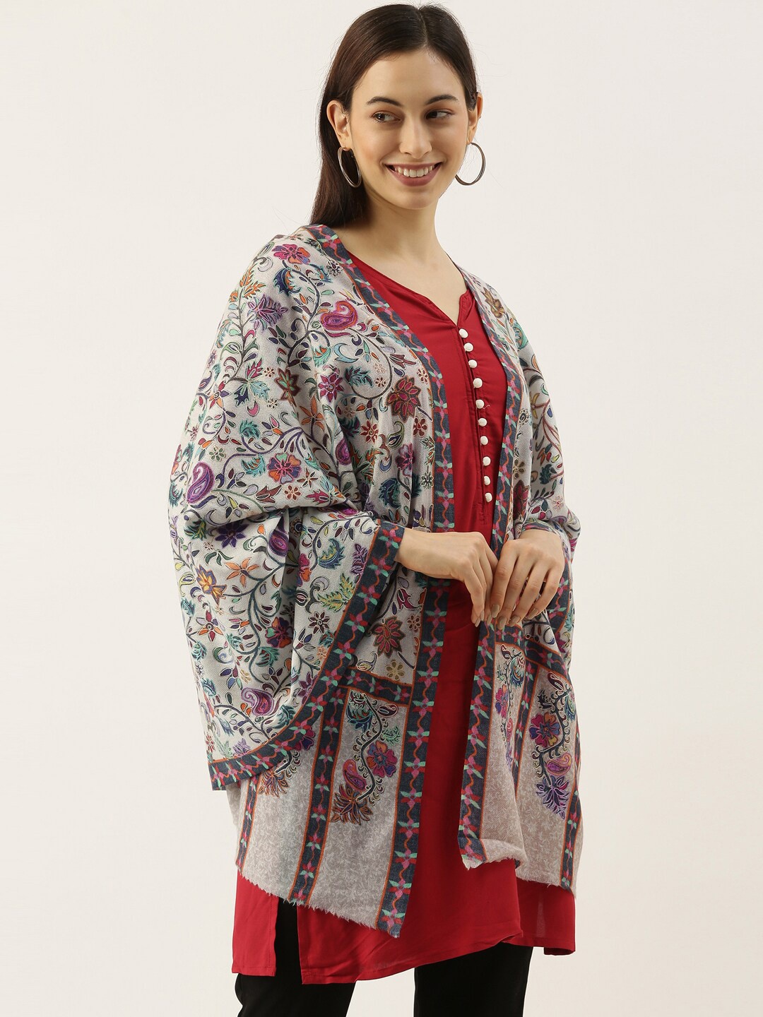 

Pashmoda Women White & Pink Pure Wool Kalamkari Stole