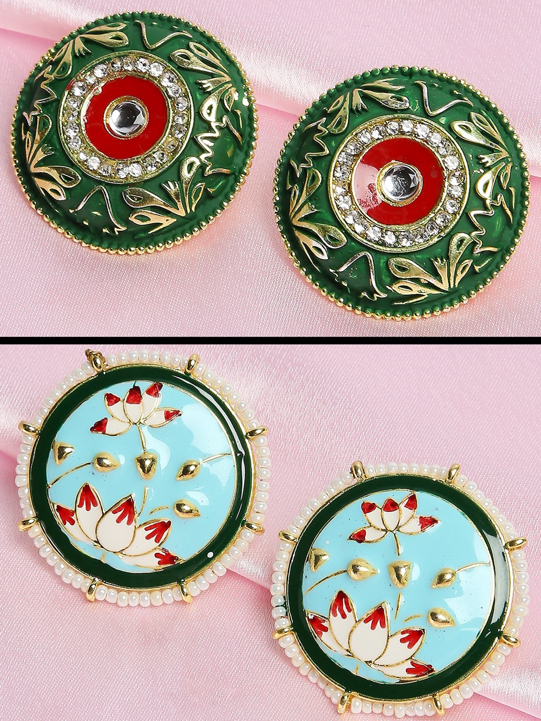 

OOMPH Gold-Toned & Green Circular Studs Earrings