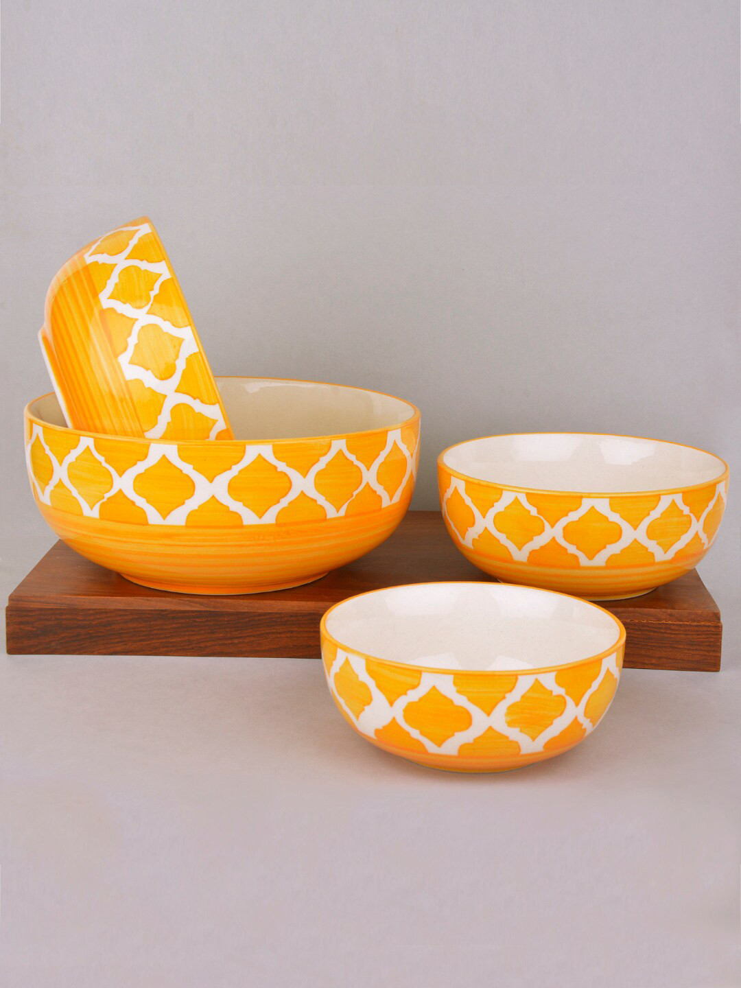 

StyleMyWay Mustard & White 4 Pieces Handcrafted Printed Ceramic Matte Bowls