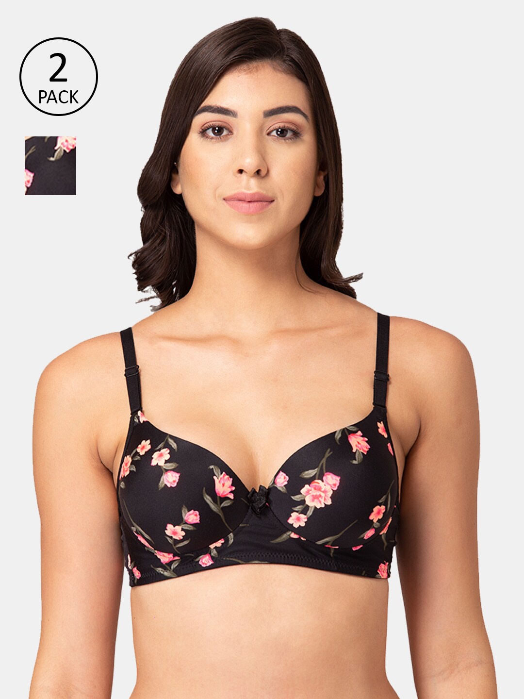 

Tweens Pack Of 2 Black & Pink Floral Heavily Padded T-shirt Bras TW-15239-2PC-PR
