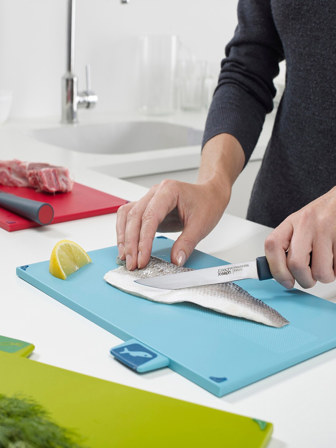 

Joseph Joseph Multi-Coloured & Silver-Toned Plastic Chopping Board Set With Knives