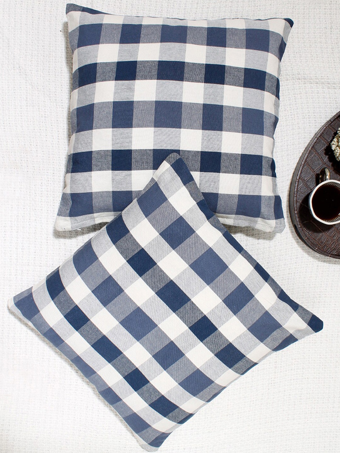 

AVI Living Blue & White Set of 2 Checked Pure Cotton Square Cushion Covers