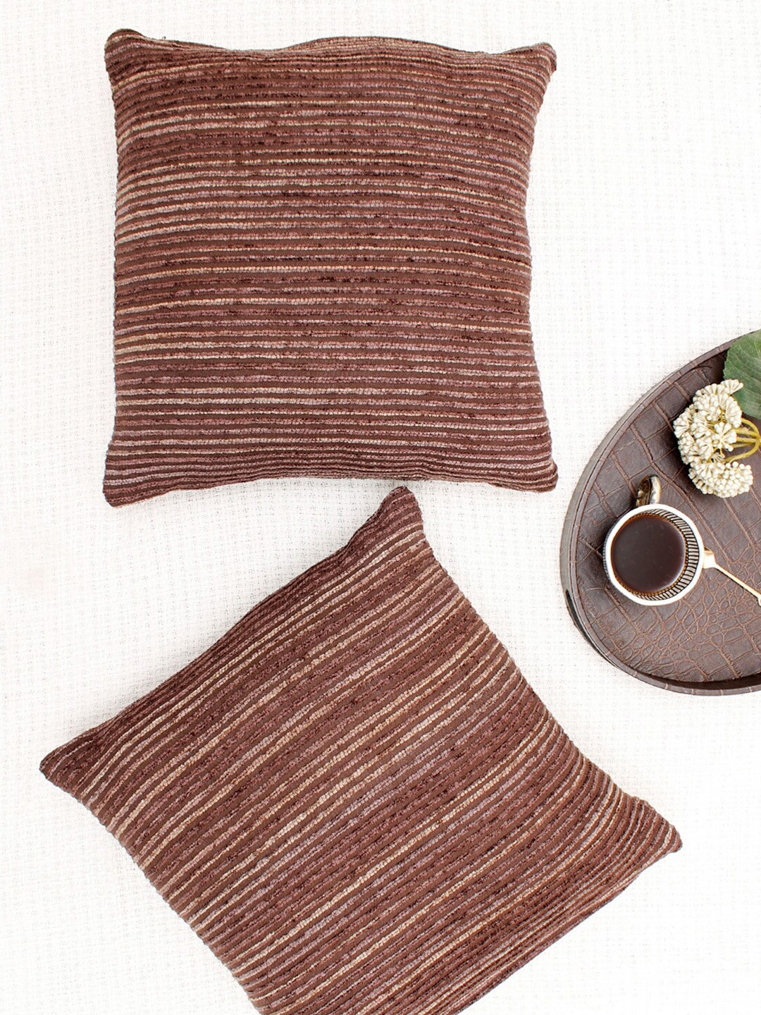 

AVI Living Brown & Beige Set of 2 Striped Pure Cotton Square Cushion Covers