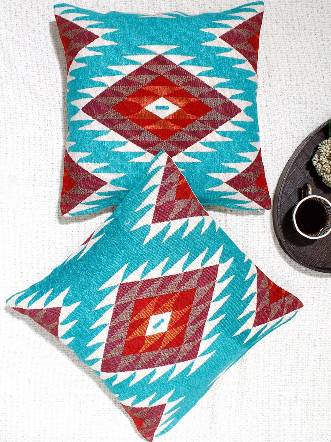 

AVI Living Turquoise Blue & Maroon Set of 2 Geometric Square Cushion Covers