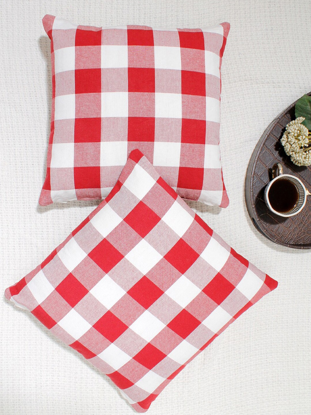 

AVI Living Red & White Set of 2 Checked Pure Cotton Square Cushion Covers