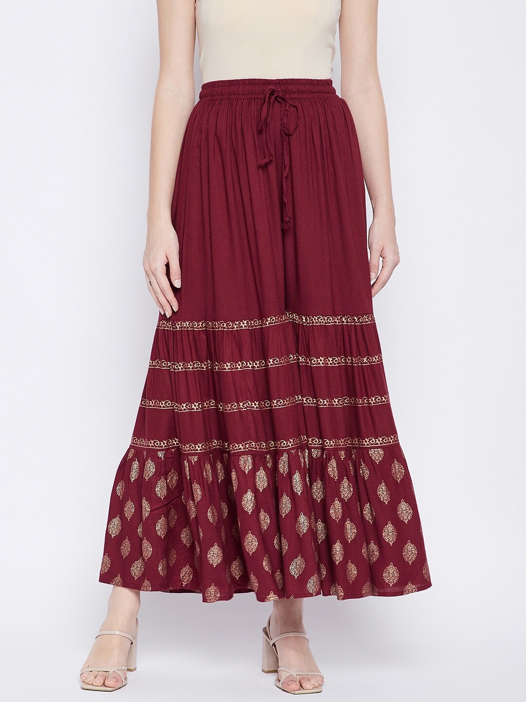 

TULIP 21 Women Maroon & Gold-Toned Ethnic Motifs Hem Design Flared Palazzos